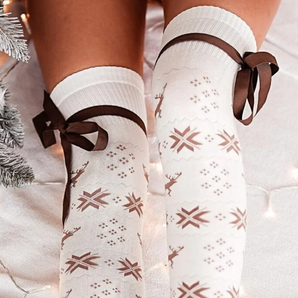 Tall Reindeer Fair Isle Over-the-knee Socks Long Ribbon Bow Stocking Holiday